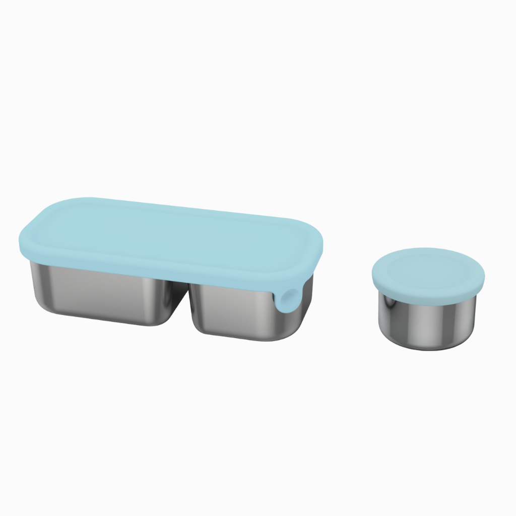 Oli Eve Stainless Steel Snack Container in sea spray color with silicone lid, ideal for eco-friendly snacks and lunchboxes