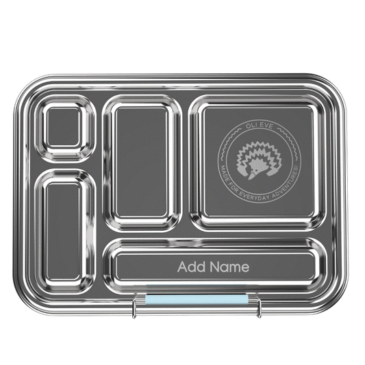 Oli Eve Bento 5 and Bento Go stainless steel lunchbox bundle in Sea Spray with five compartments and snack box for school meals