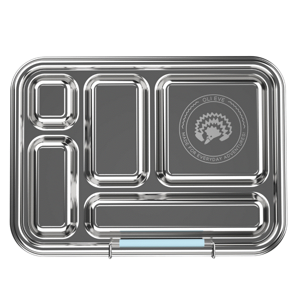 Oli Eve Bento 5 stainless steel lunchbox and Bento Go snack box bundle in Sea Spray color with five compartments for school lunch and two snack compartments.