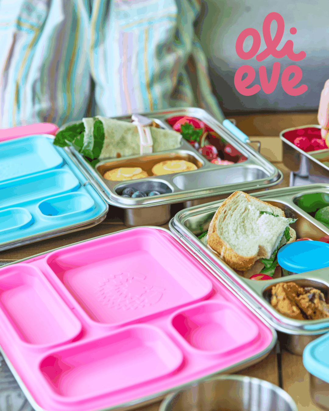 Oli Eve Bento 4 and Bento 5 stainless steel kids lunchboxes side by side showing compartments and versatility