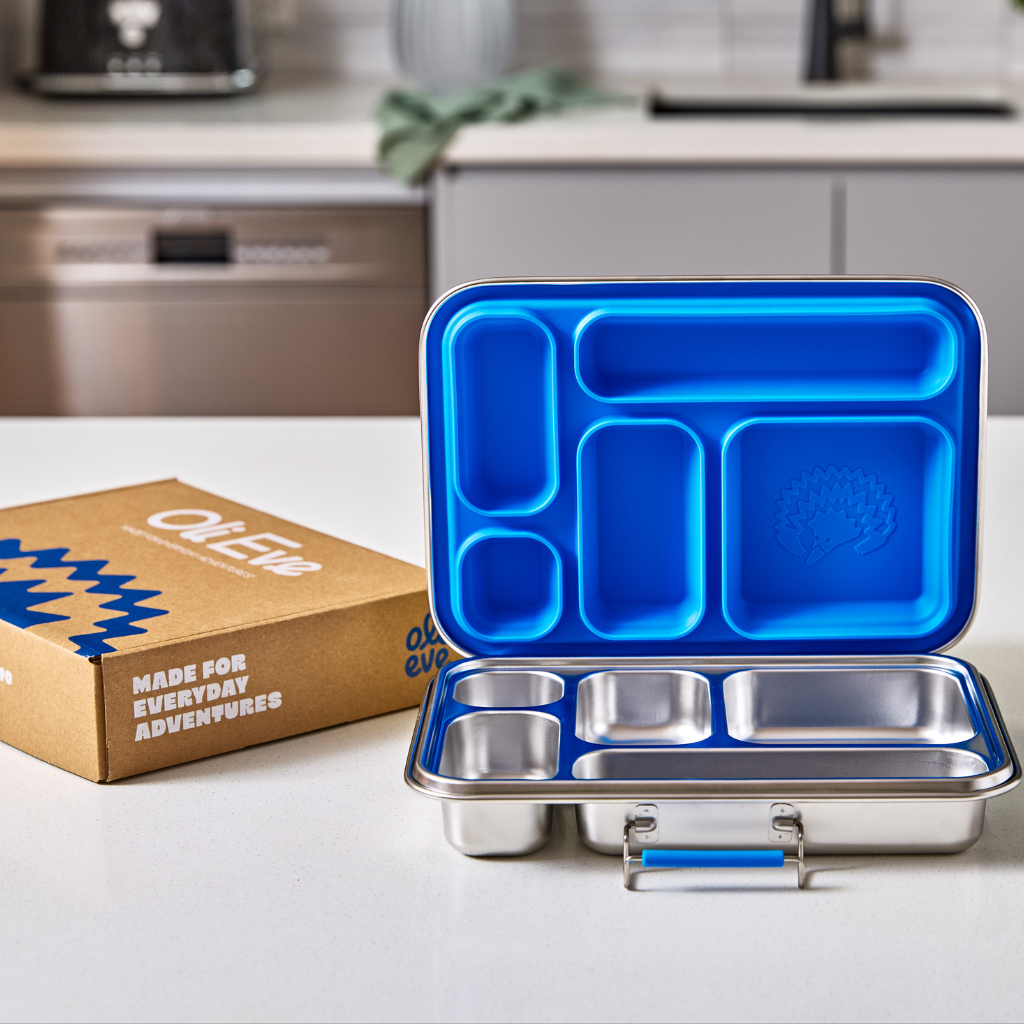 Personalised Oli Eve Bento 5 stainless steel kids lunchbox with five compartments and removable silicone insert