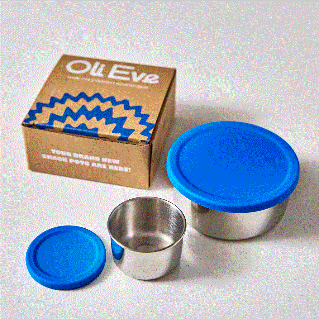 Oli Eve Stainless Steel Snack Pots with blue silicone lid and packaging