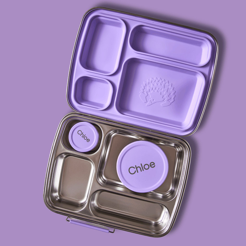 Stainless Steel Bento 4 Lunchbox with four compartments and matching leak-proof snack pots in Jacaranda Mist color
