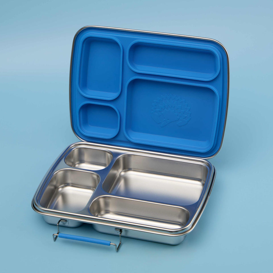 Open Big Blue Bento 4 stainless steel lunchbox showing its four food compartments