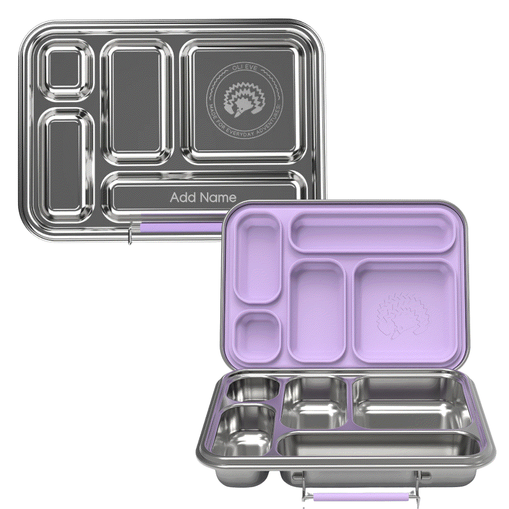 Oli Eve Bento 5 and Bento Go stainless steel lunchbox bundle in Jacaranda Mist with five lunch compartments and two snack sections for school kids