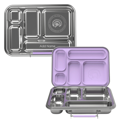 Oli Eve Bento 5 and Bento Go stainless steel lunchbox bundle in Jacaranda Mist with five lunch compartments and two snack sections for school kids