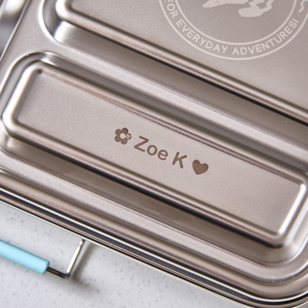 Stainless Steel Lunchbox with name engraving on a light background