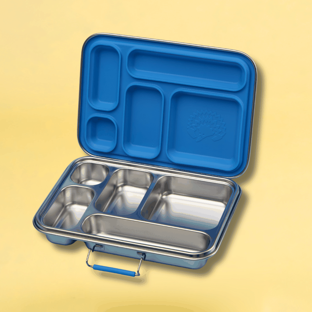 Open Big Blue Bento 5 showing the stainless steel compartments and silicone seal in the lid