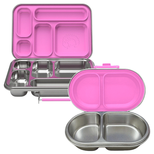 Personalised pink stainless steel kids lunch box and snack container bundle by Oli Eve