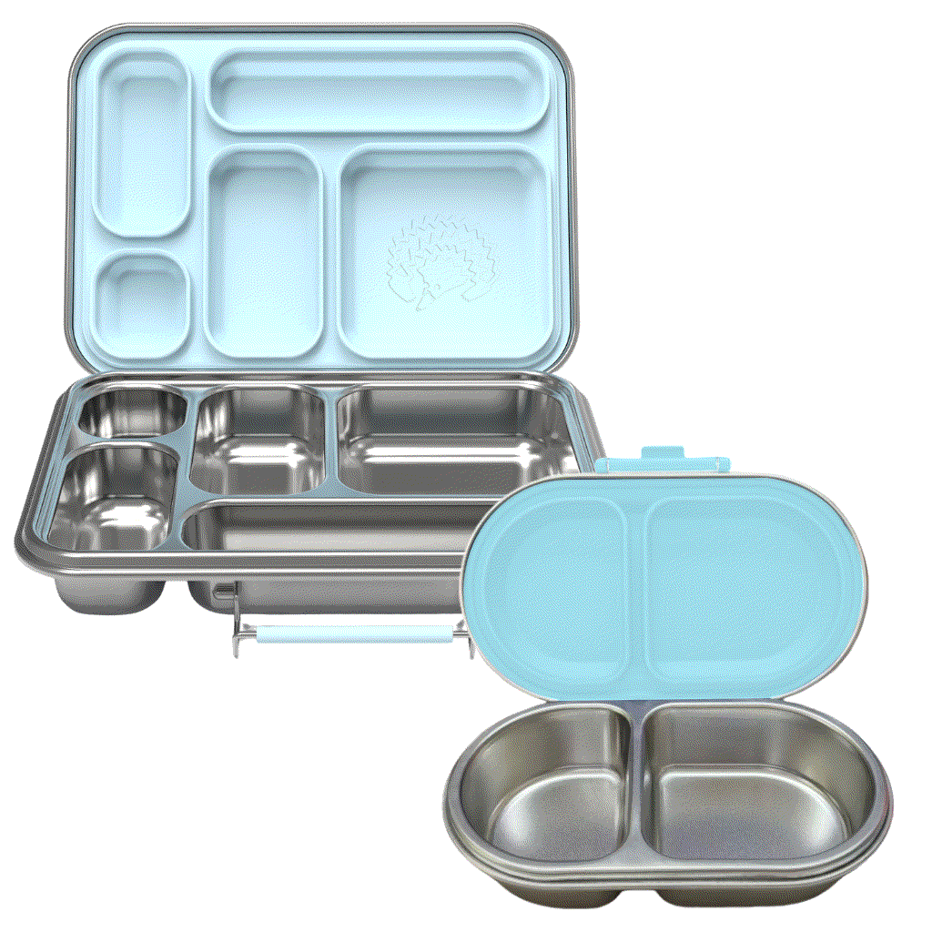 Personalised stainless steel kids lunchbox set with five compartments and matching snack box in sea spray color