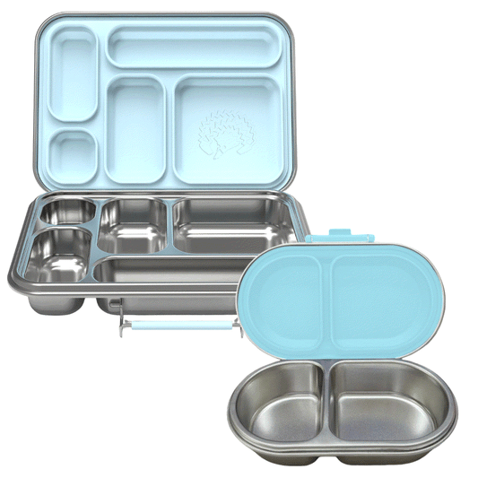 Personalised stainless steel kids lunchbox set with five compartments and matching snack box in sea spray color