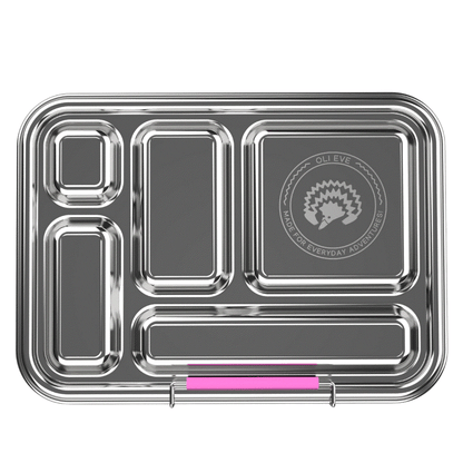 Oli Eve Stainless Steel Bento 5 lunchbox in vibrant Pink Galah with five compartments and removable silicone inserts for kids aged 4-8 years