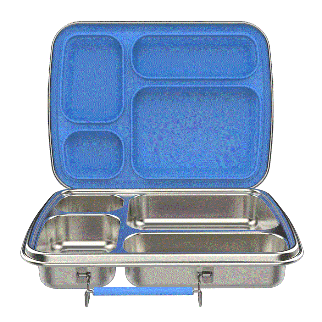 Oli Eve Bento 4 stainless steel kids lunchbox in Big Blue with 4 compartments open