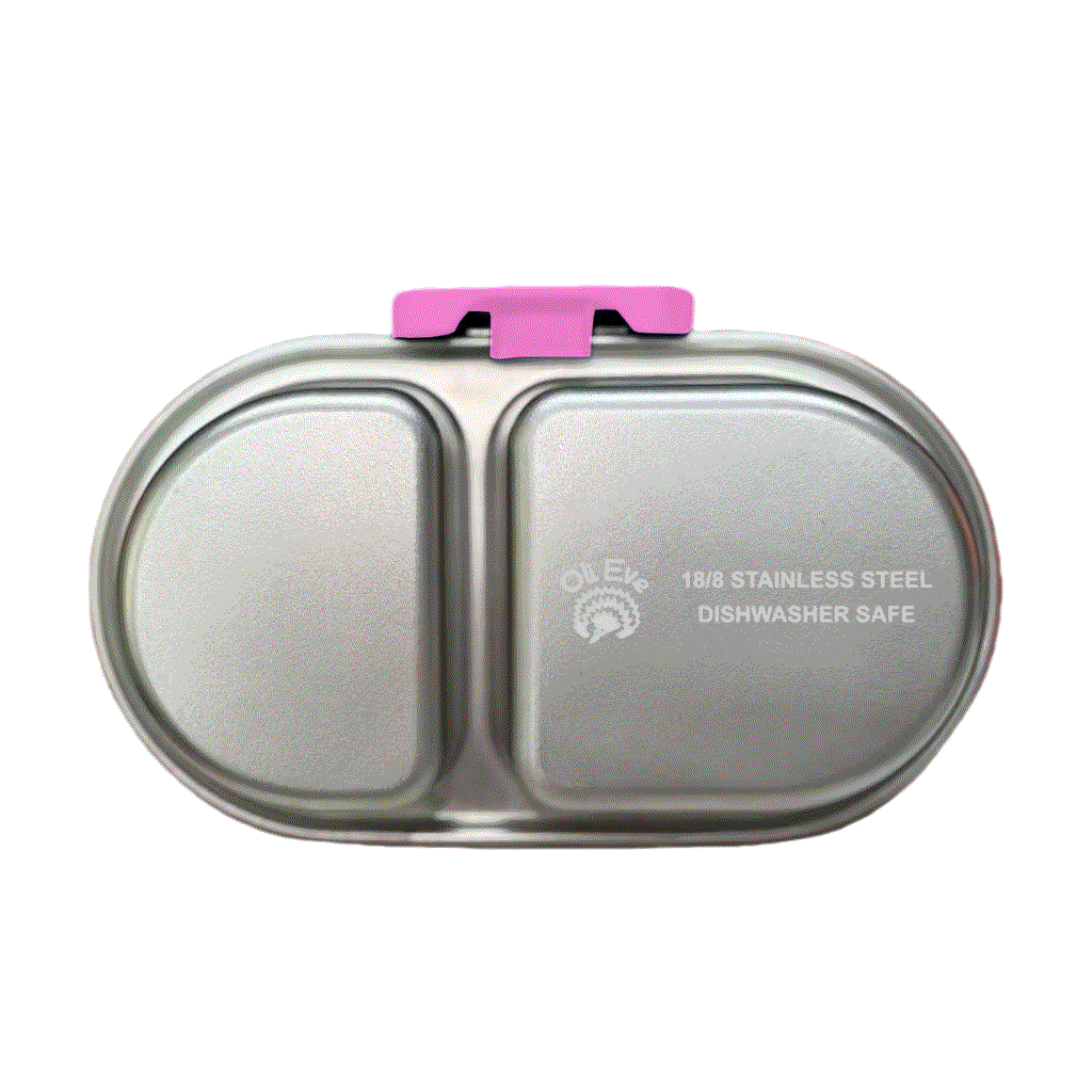 Oli Eve Stainless Steel Snackbox in Pink Galah with two compartments and laser engraving