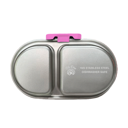 Oli Eve Stainless Steel Snackbox in Pink Galah with two compartments and laser engraving