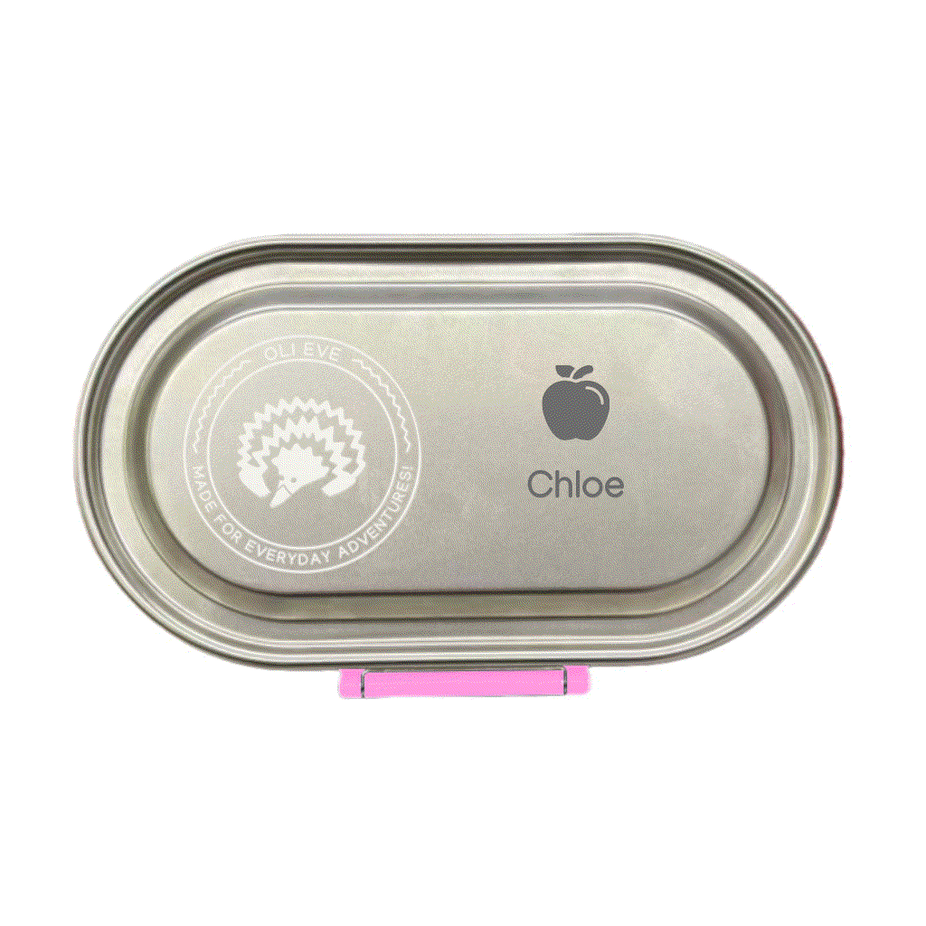 Oli Eve Stainless Steel Snackbox Pink Galah with two compartments and laser engraving option