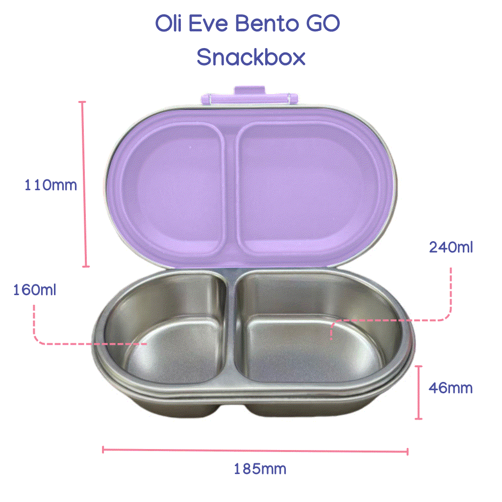 Oli Eve Bento Go stainless steel snack box in Jacaranda Mist with compartments and silicone insert