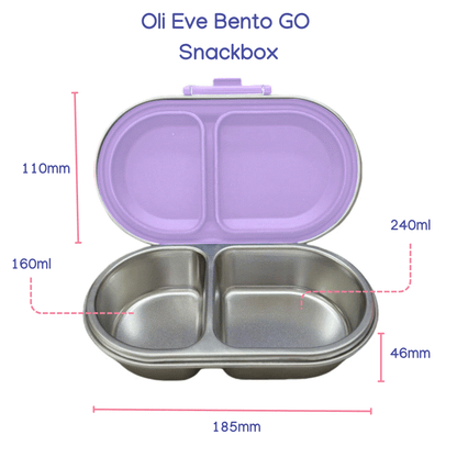 Oli Eve Bento Go stainless steel snack box in Jacaranda Mist with compartments and silicone insert