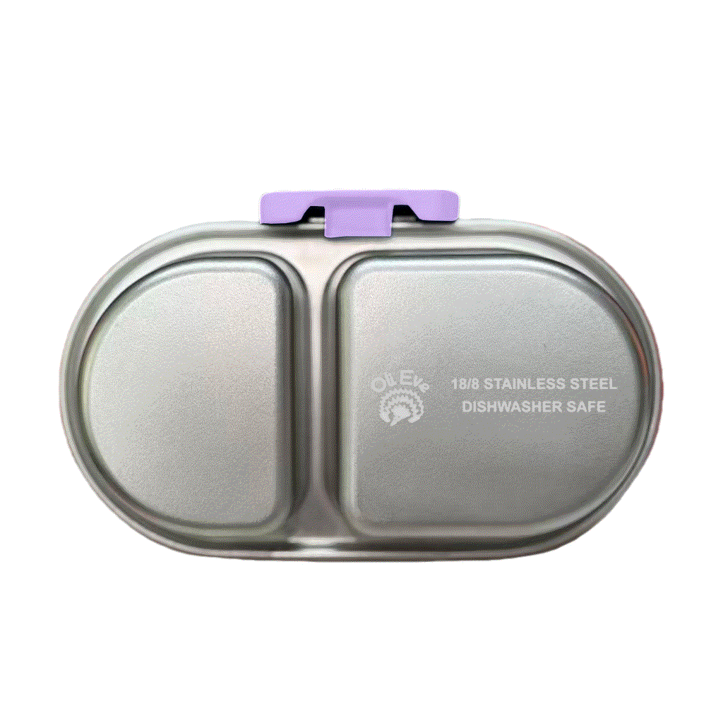 Oli Eve Bento Go stainless steel snack box in Jacaranda Mist with compartments and removable silicone insert for eco-friendly snacking
