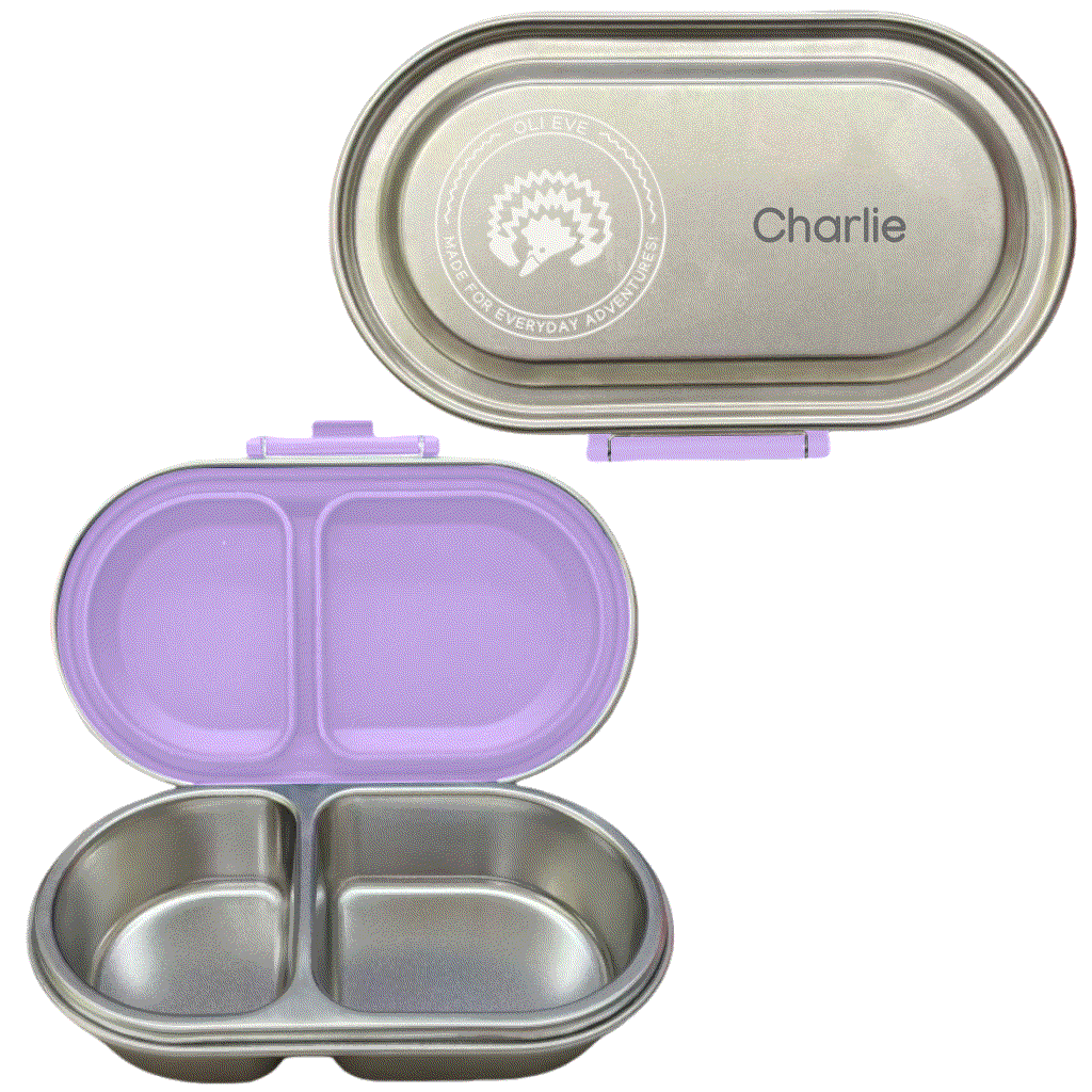 Oli Eve Bento 5 stainless steel lunchbox and Bento Go snack box bundle in Jacaranda Mist with five lunch compartments and two snack compartments