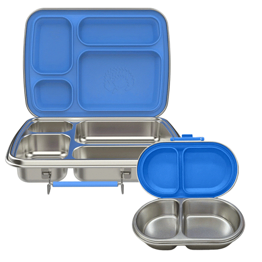 Oli Eve Bento 4 stainless steel lunchbox and Bento Go snack box bundle in blue for school meals