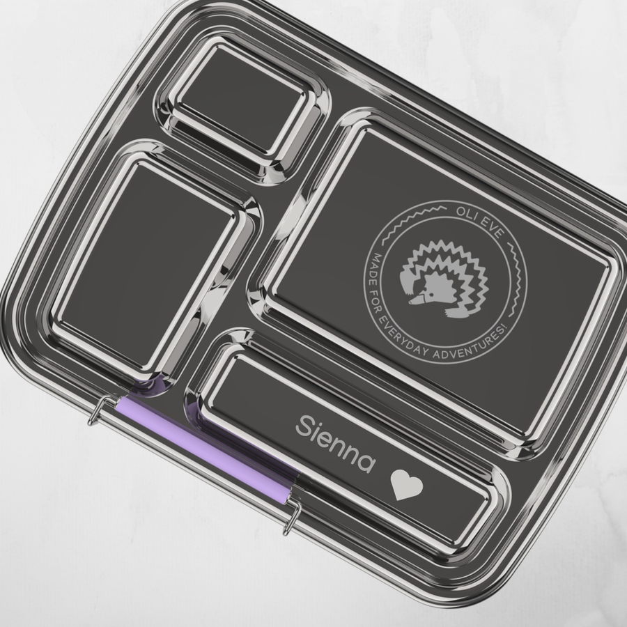 Name engraved on the steel lid of an Oli Eve Bento 4 lunchbox