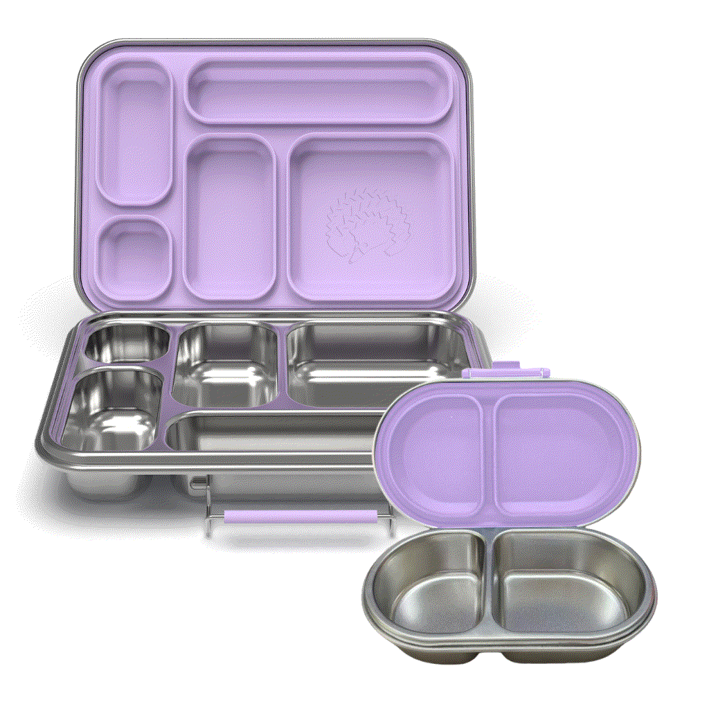 Oli Eve Bento 5 stainless steel lunchbox and Bento Go snack box bundle in Jacaranda Mist with five lunch compartments and two snack compartments for kids.