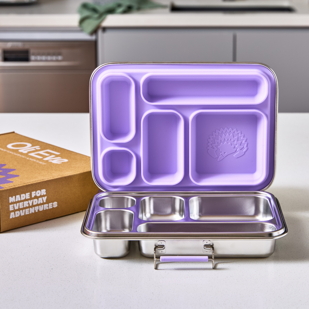 Oli Eve Bento 5 stainless steel lunchbox in jacaranda mist purple open
