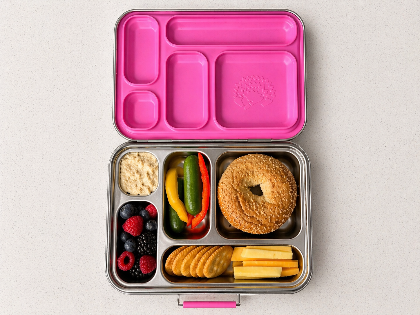 Stainless steel bento 5 lunchbox from oli eve with real food in it