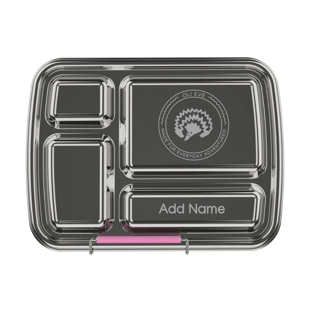 Oli Eve Stainless Steel Bento 4 kids lunchbox in Pink Galah with four compartments and laser engraving option