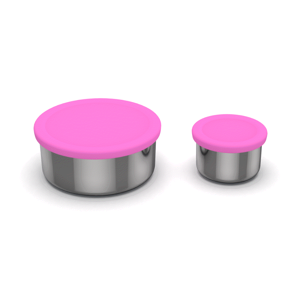 Oli Eve Stainless Steel Snack Pots in Pink Galah with silicone lids for eco-friendly lunchbox snacks