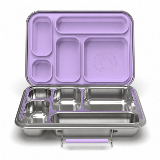 Kids personalised stainless steel lunchbox with five compartments in Jacaranda Mist color