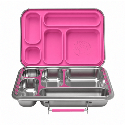 Personalised Stainless Steel Bento 5 Kids Lunchbox in Pink Galah with five compartments and removable silicone inserts