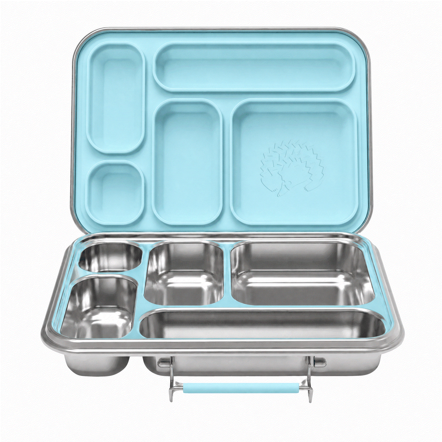 Oli Eve Stainless Steel Bento 5 lunchbox in sea spray color with five compartments and removable silicone inserts for kids aged 4-8