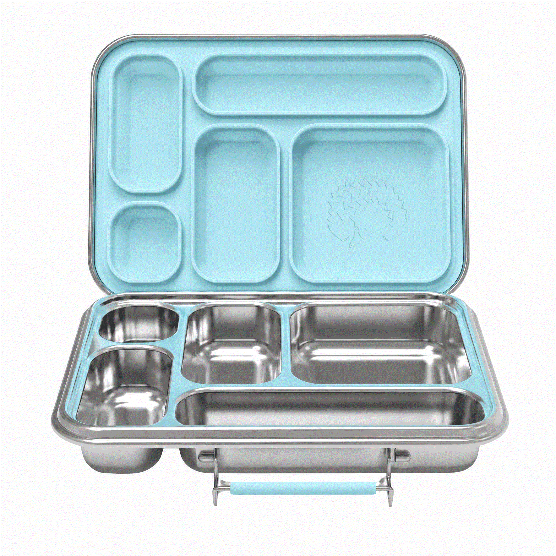 Oli Eve Stainless Steel Bento 5 lunchbox in sea spray color with five compartments and removable silicone inserts for kids aged 4-8