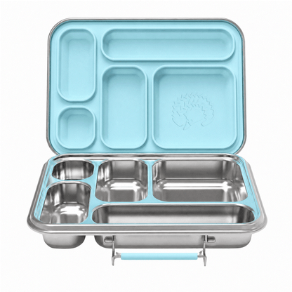Oli Eve Stainless Steel Bento 5 lunchbox in sea spray color with five compartments and removable silicone inserts for kids aged 4-8