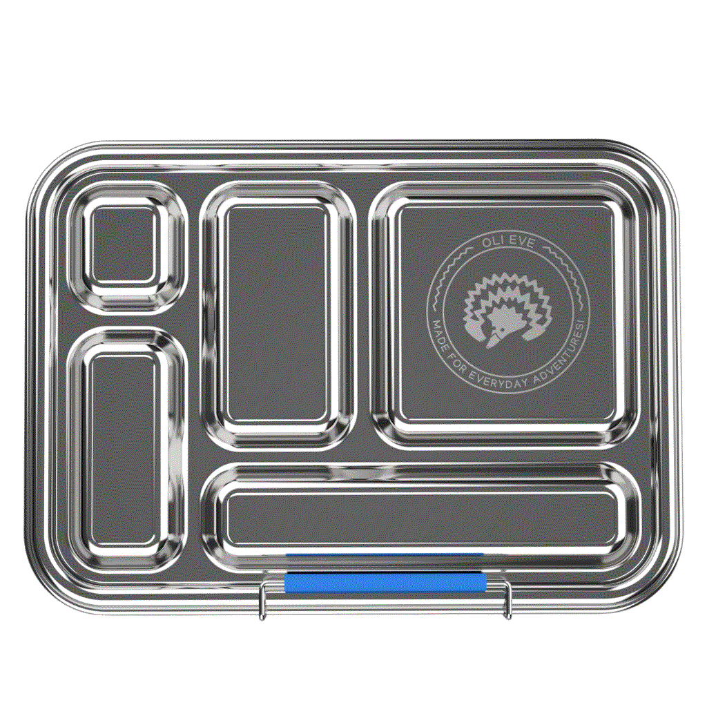 Oli Eve Bento 5 and Bento Go stainless steel lunchbox bundle in big blue with five compartments and snack box for school lunches