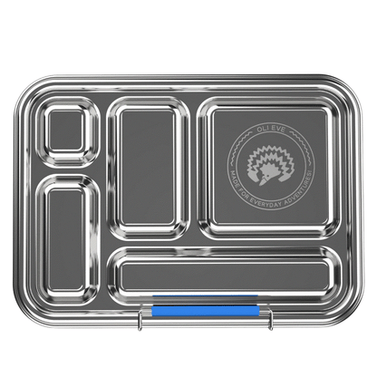 Oli Eve Bento 5 and Bento Go stainless steel lunchbox bundle in big blue with five compartments and snack box for school lunches