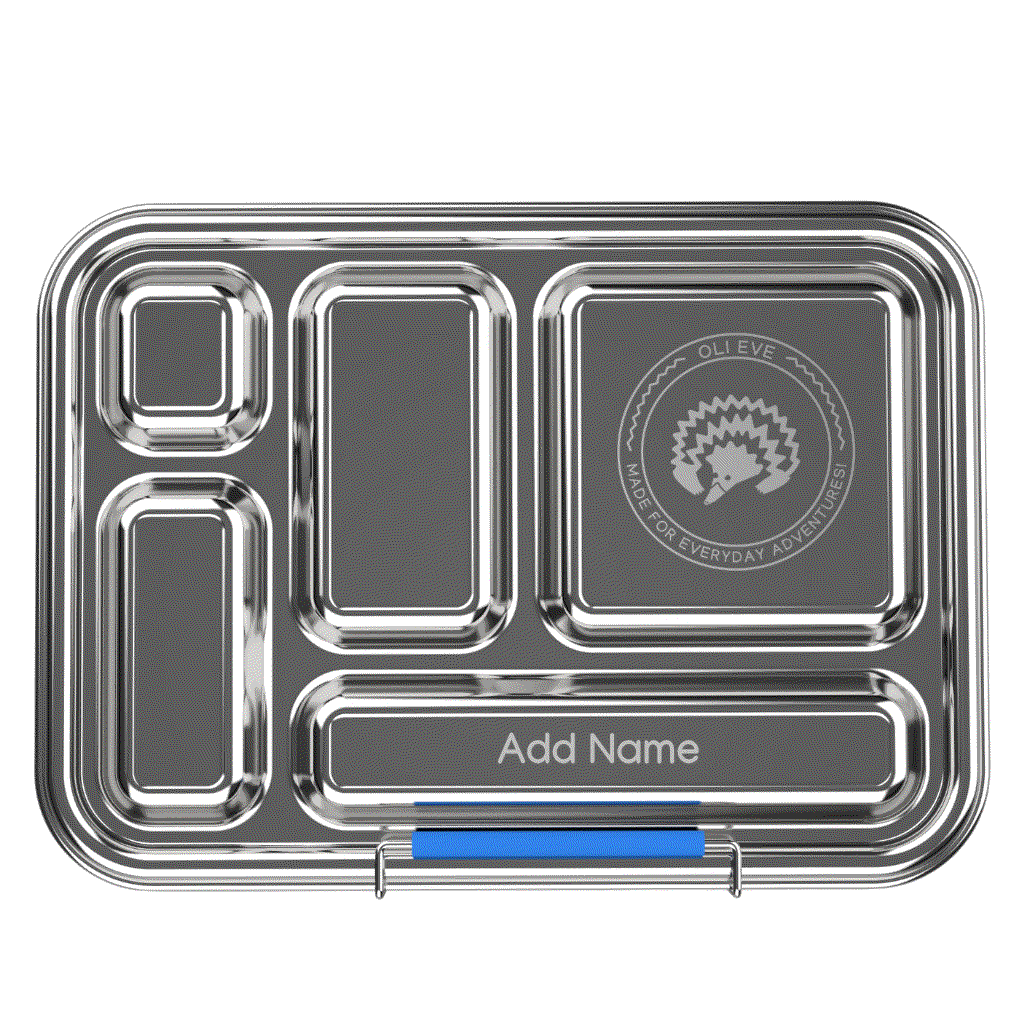 Oli Eve Stainless Steel Bento 5 lunchbox in big blue with five compartments and removable silicone inserts for kids aged 4-8 years