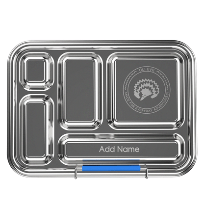 Oli Eve Stainless Steel Bento 5 lunchbox in big blue with five compartments and removable silicone inserts for kids aged 4-8 years