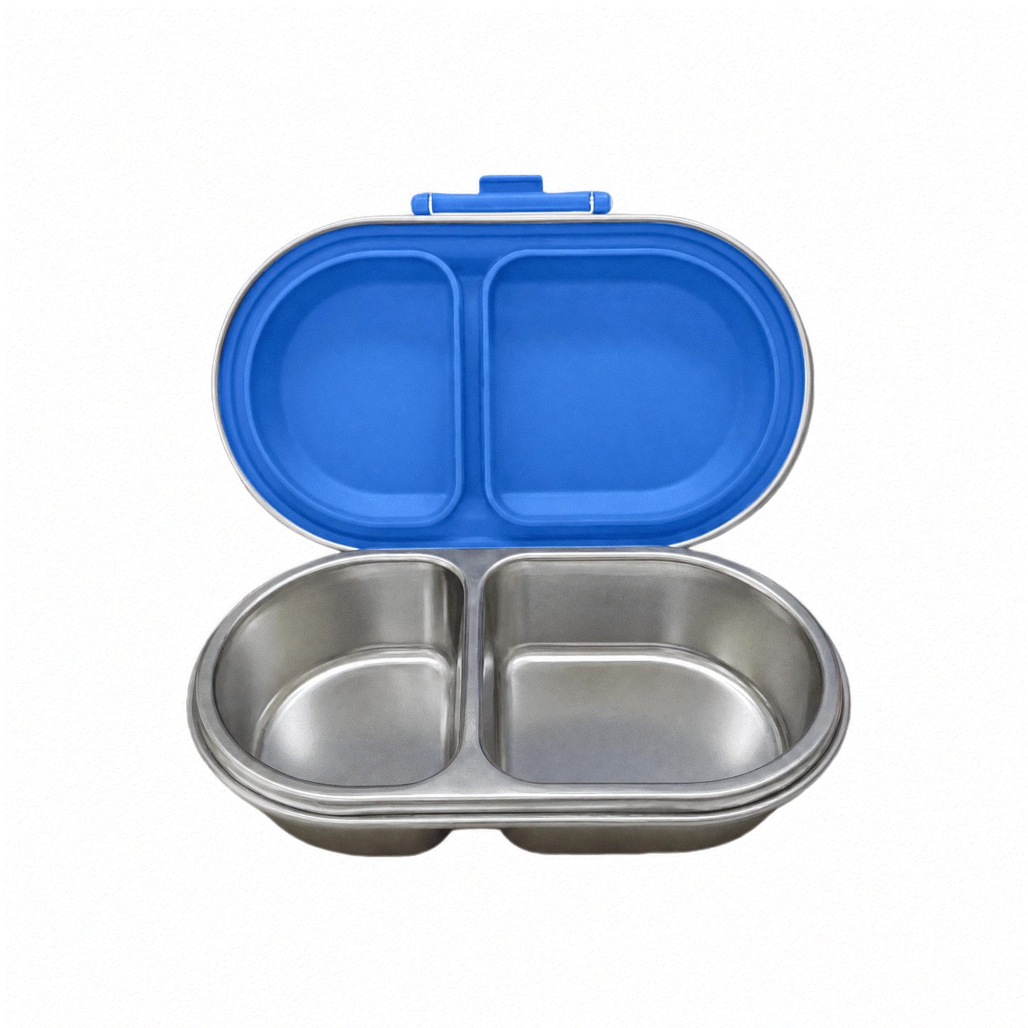 Oli Eve Bento Go stainless steel snack box in big blue with compartments and removable silicone insert