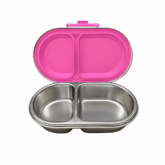 Oli Eve Stainless Steel Snackbox in Pink Galah with two compartments and laser engraving option