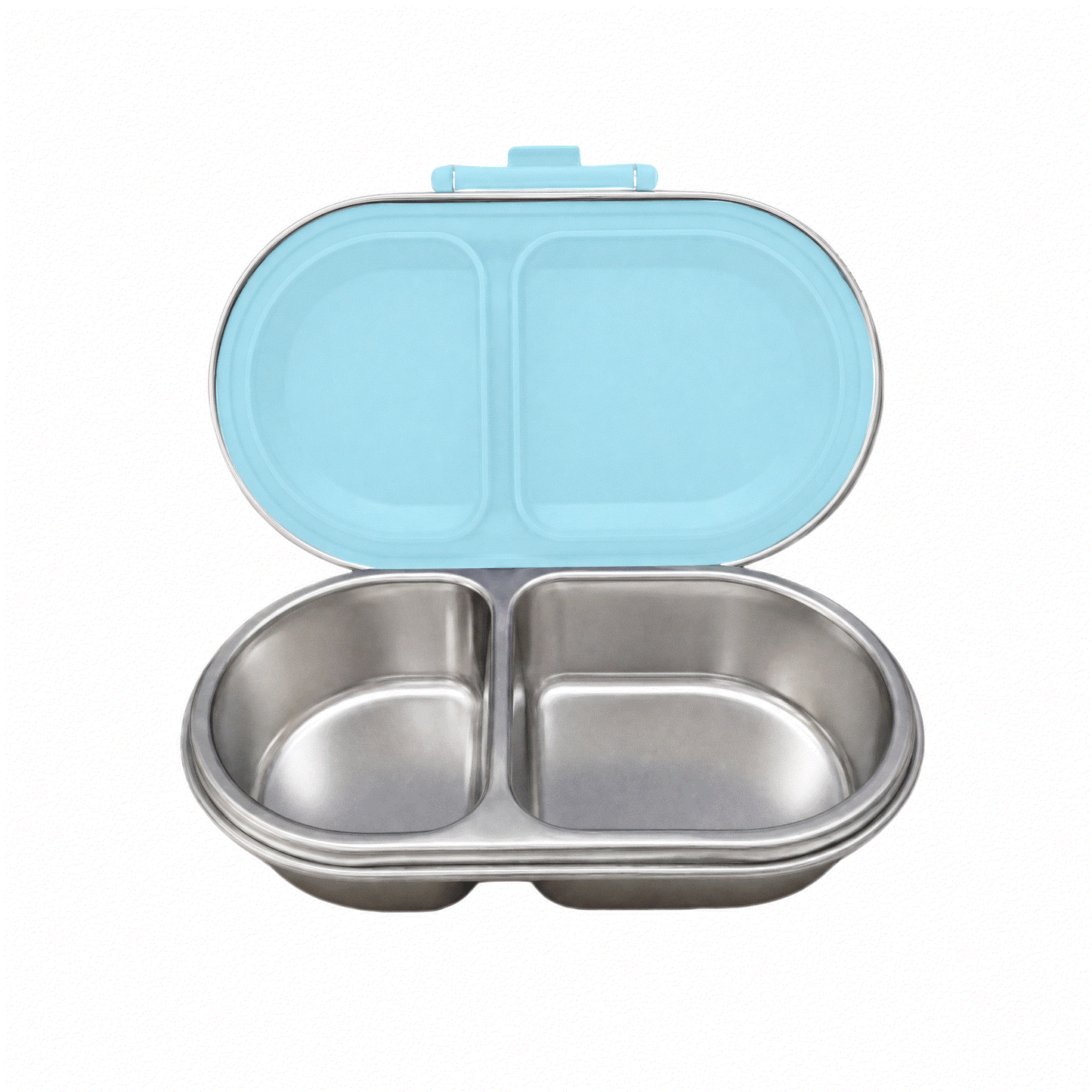 Oli Eve Bento Go Stainless Steel Snack Box in Sea Spray with compartments and silicone insert for eco-friendly snack storage