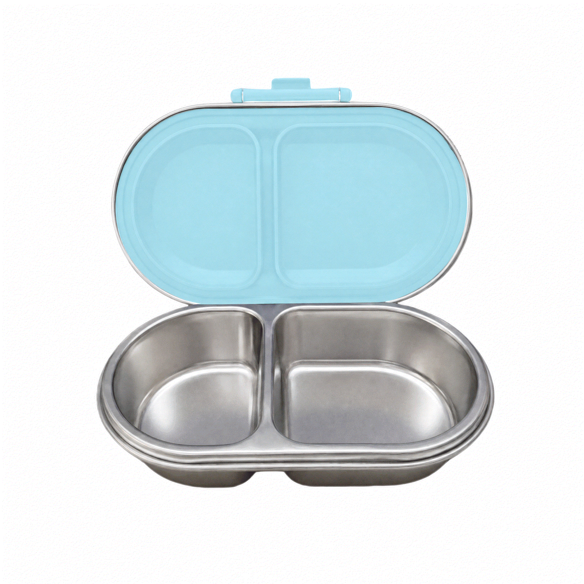 Oli Eve Bento Go Stainless Steel Snack Box in Sea Spray with compartments and silicone insert for eco-friendly snack storage
