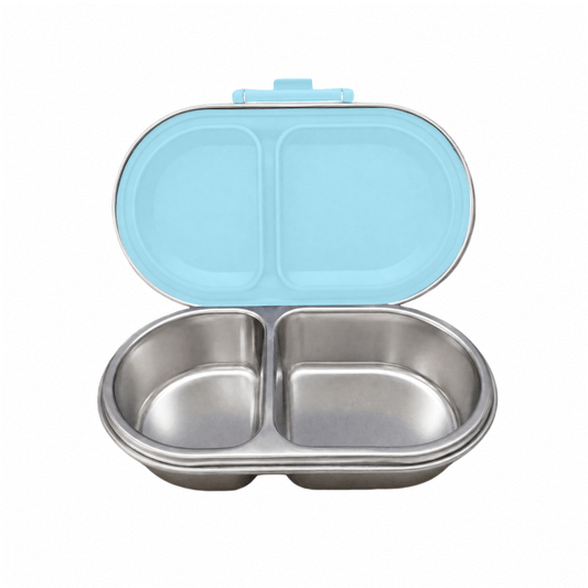 Oli Eve Bento Go Stainless Steel Snack Box in Sea Spray with compartments and silicone insert for eco-friendly snack storage