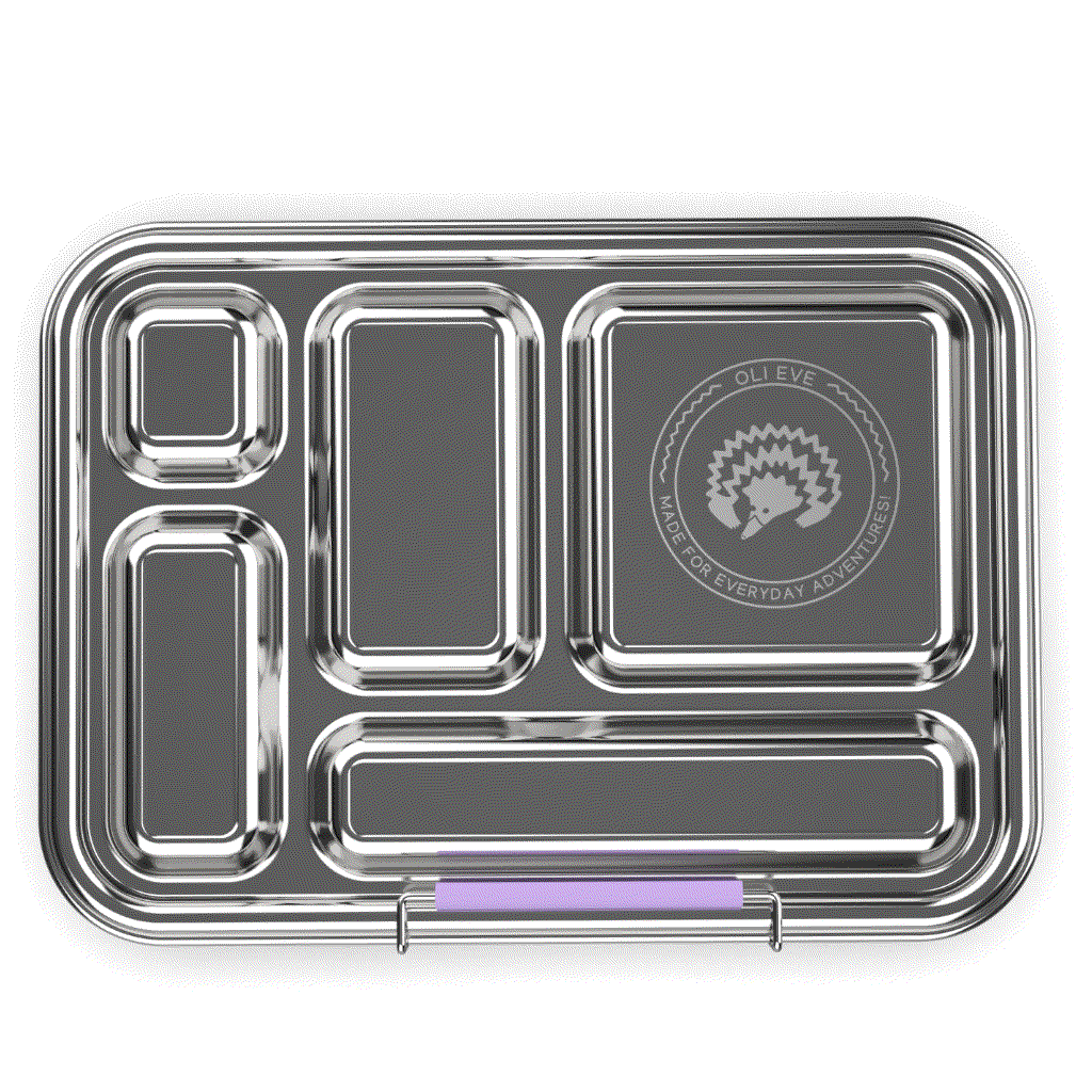 Personalised kids stainless steel lunchbox set with five compartments and matching snack box in Jacaranda Mist color