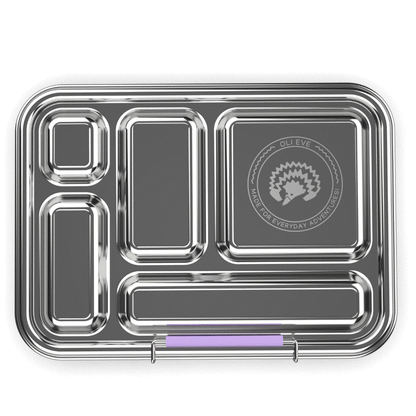 Personalised kids stainless steel lunchbox set with five compartments and matching snack box in Jacaranda Mist color