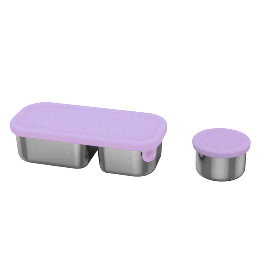 Oli Eve Stainless Steel Snack Container in Jacaranda Mist with silicone lid for snacks