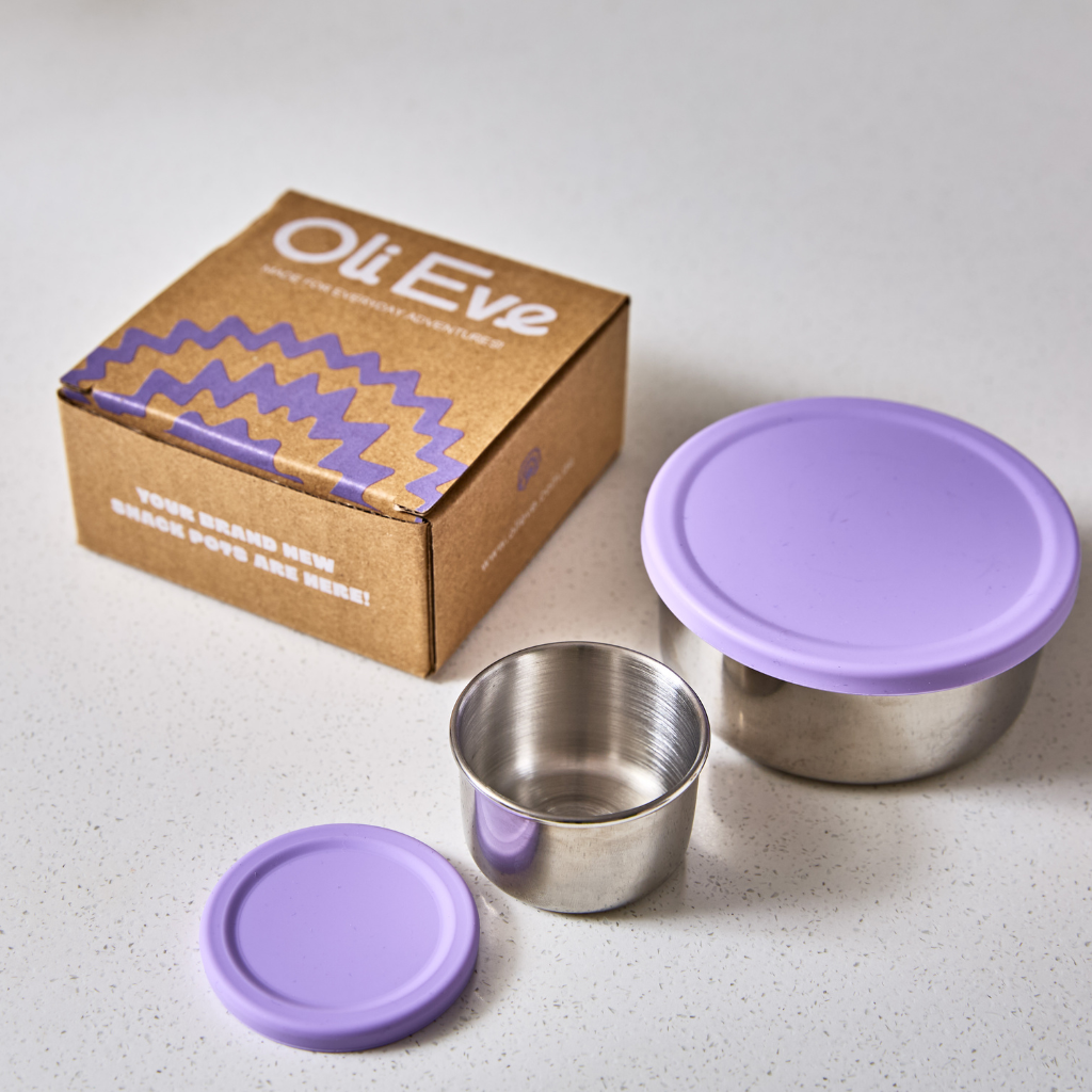Oli Eve Stainless Steel Snack Pots with packaging purple lilac