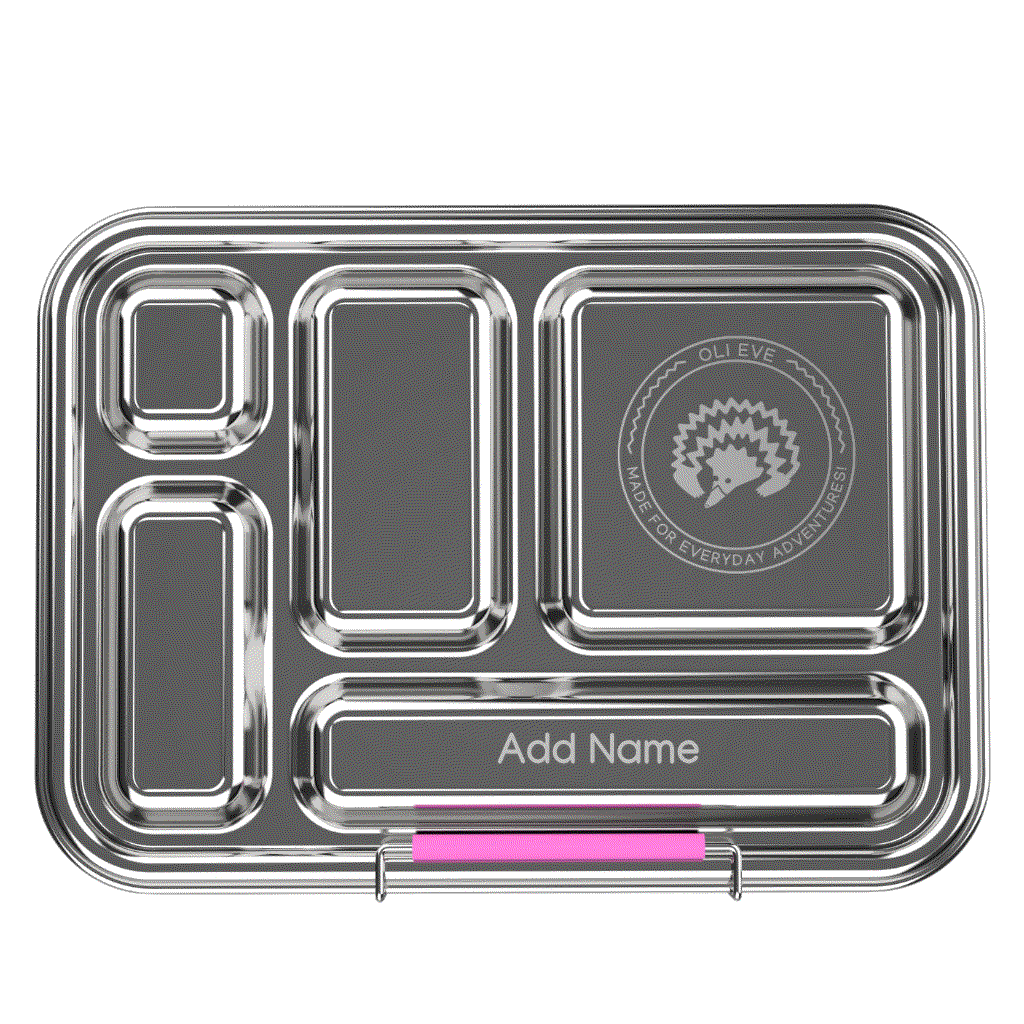 Personalised kids stainless steel lunch box bundle with five-compartment pink Bento 5 and Bento Go snack box